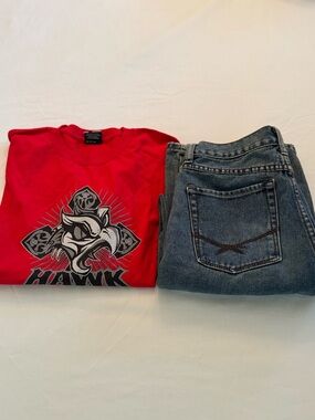 BUNDLE (2) Boy’s O’Neil Blue Jeans and Hawk T-Shirt Red Long Sleeves